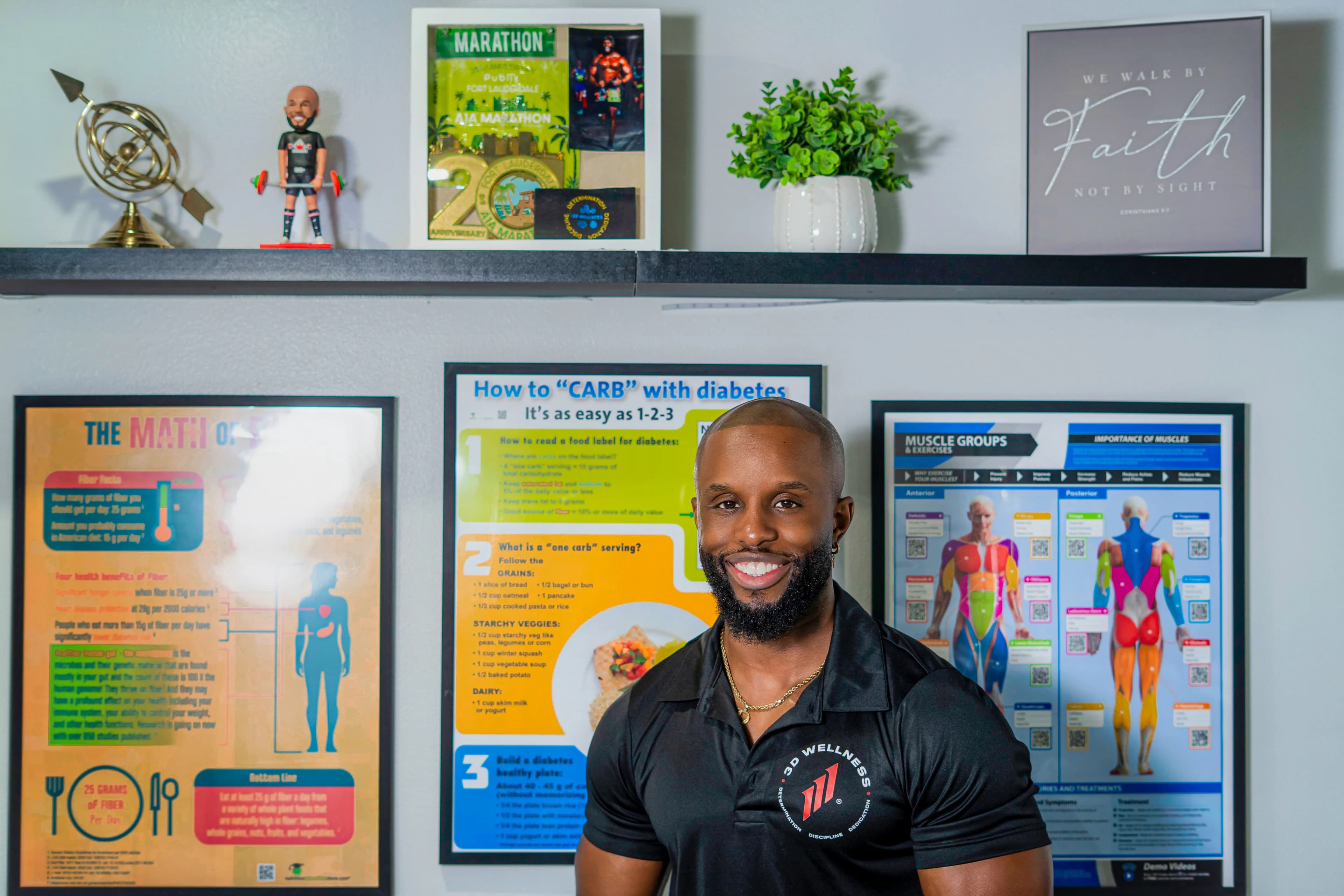 Daniel Triche smiling in front of nutrition education posters