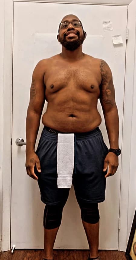 Before: a client standing shirtless in front of a white door