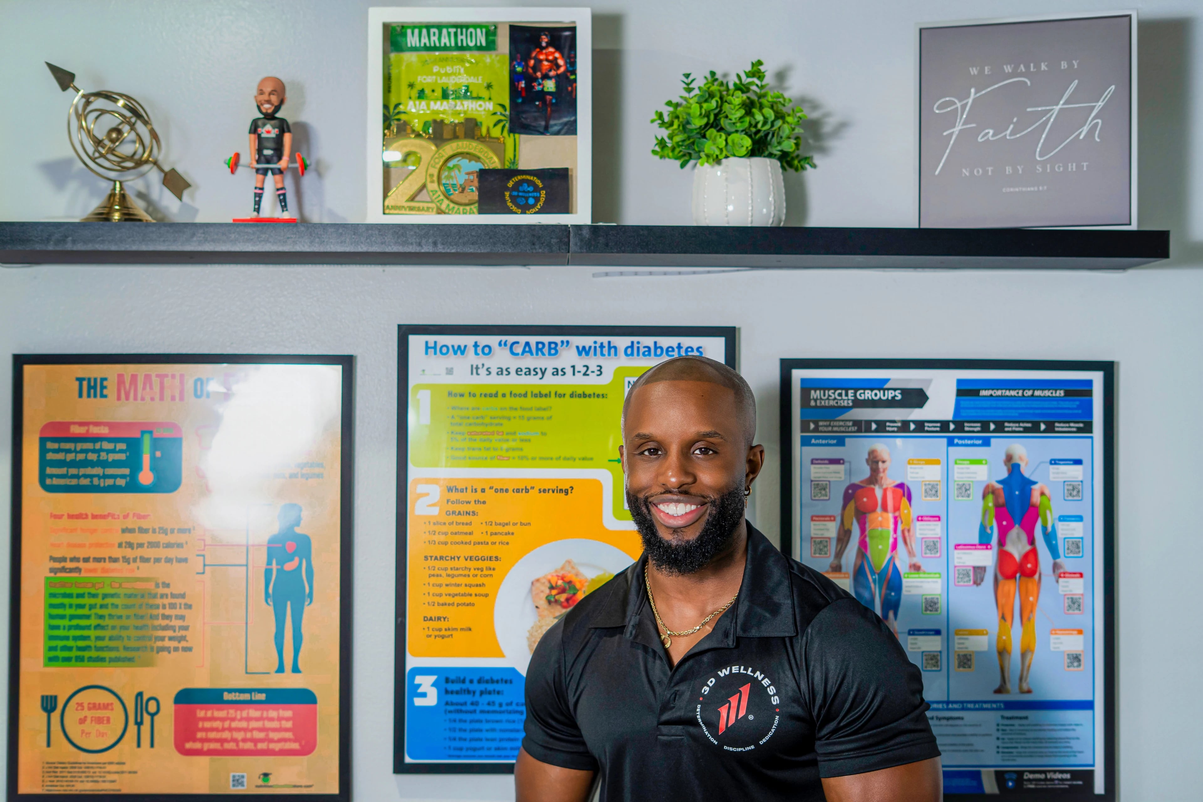 Daniel Triche smiling in front of nutrition education posters