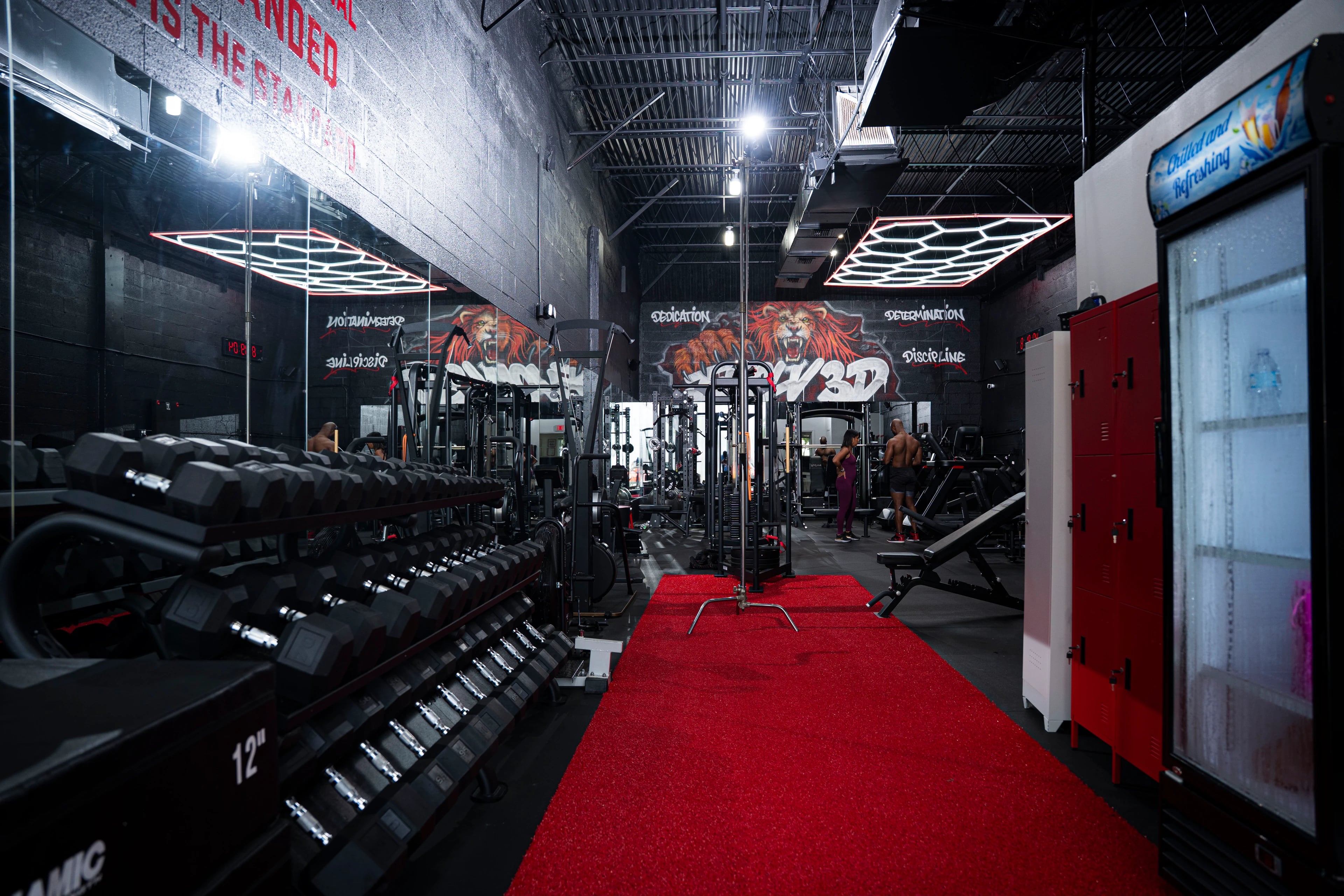 The Evolv3D Studio training floor: a red turf lane runs between dumbbell racks and strength machines toward a lion mural, with the owner and his wife training in the background